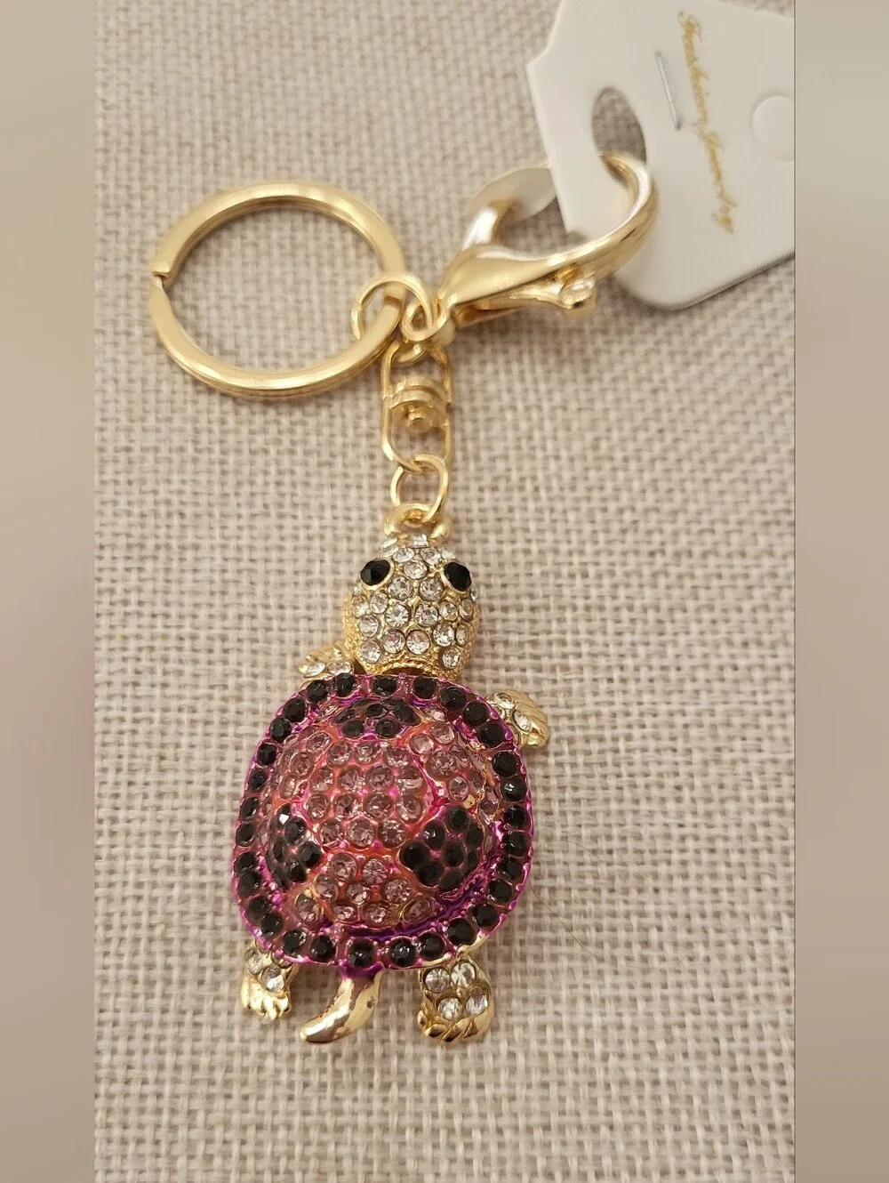 Gold-Tone Pink Crystal Turtle Keychain